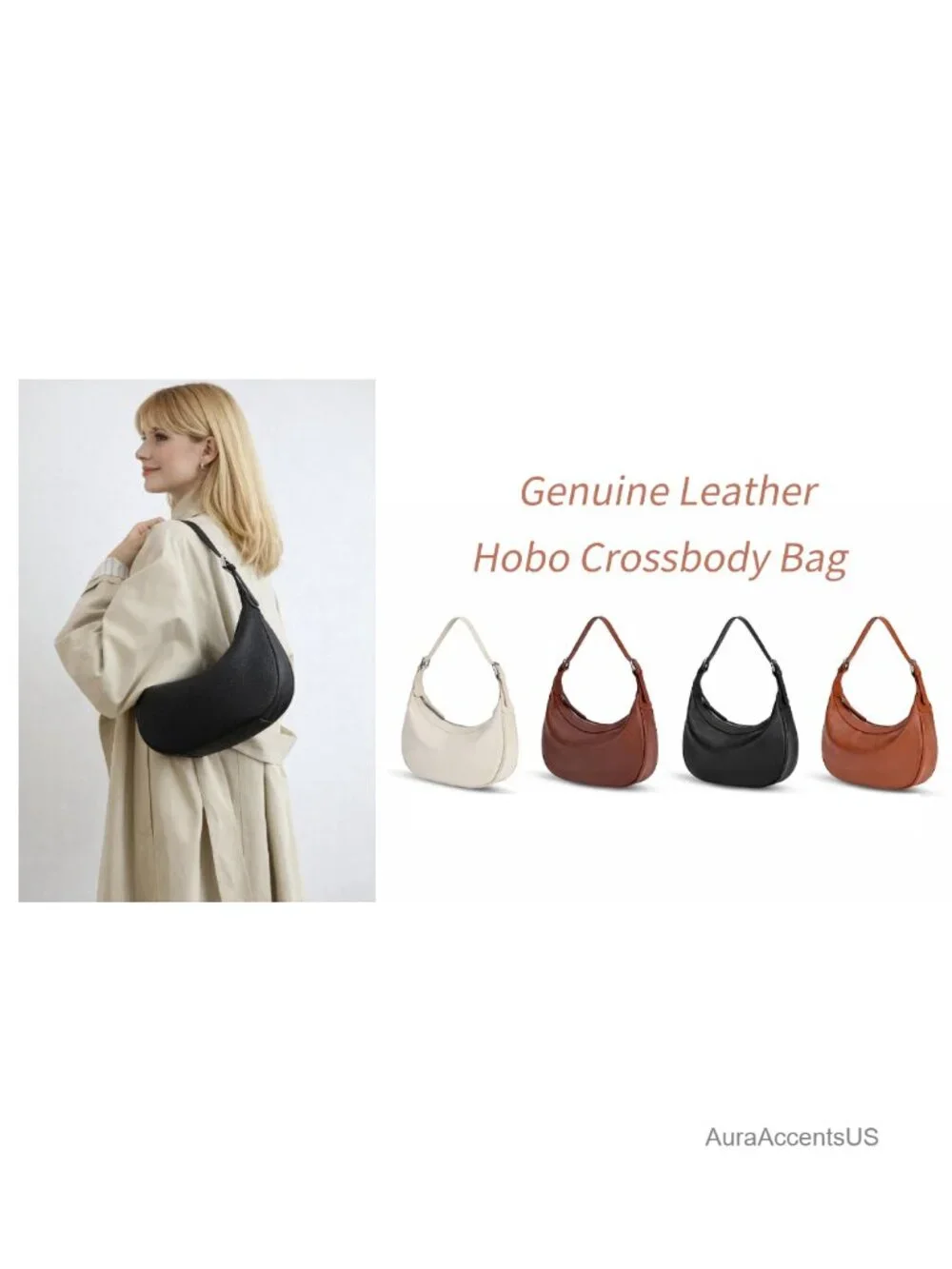 Genuine Leather Hobo Crossbody Bag with Two Adjustable Straps